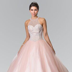 NEW TULLE BALL GOWN WITH HALTER NECKLINE EMBROIDERED WITH RHINESTONES GL2309